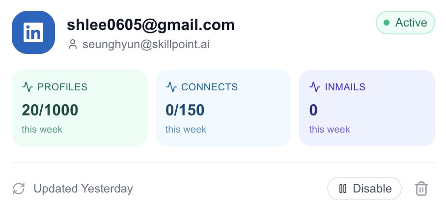 Connected LinkedIn account card with weekly usage