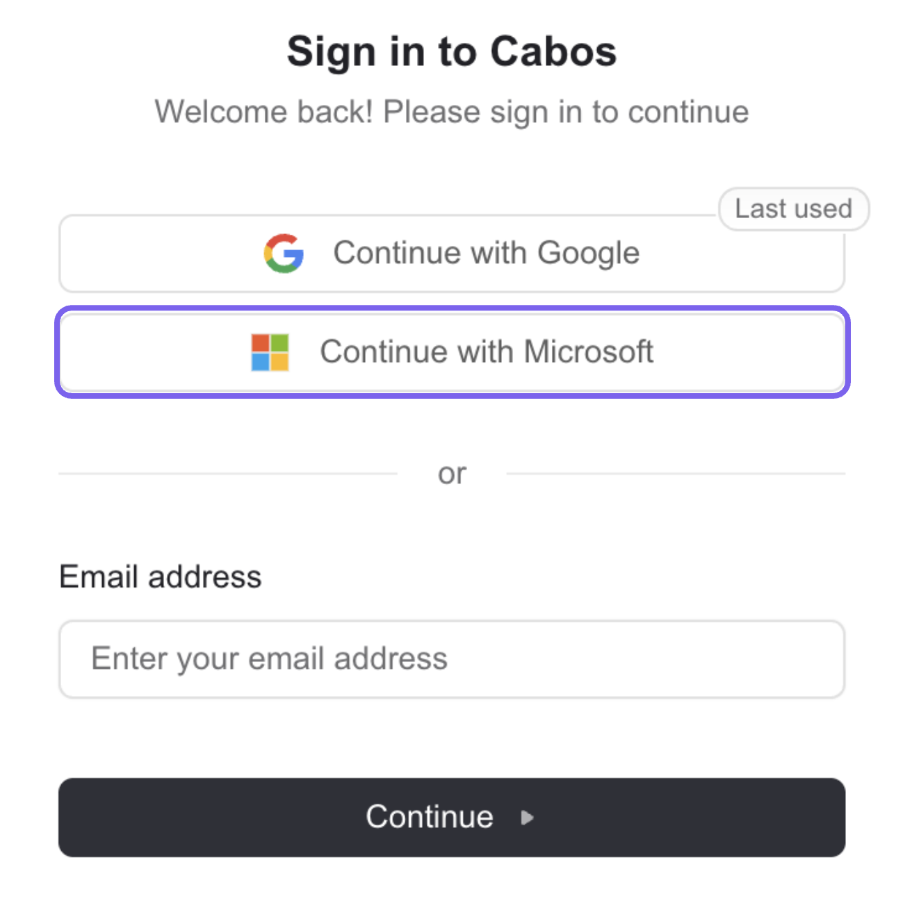 Cabos sign-in page with "Continue with Microsoft" highlighted