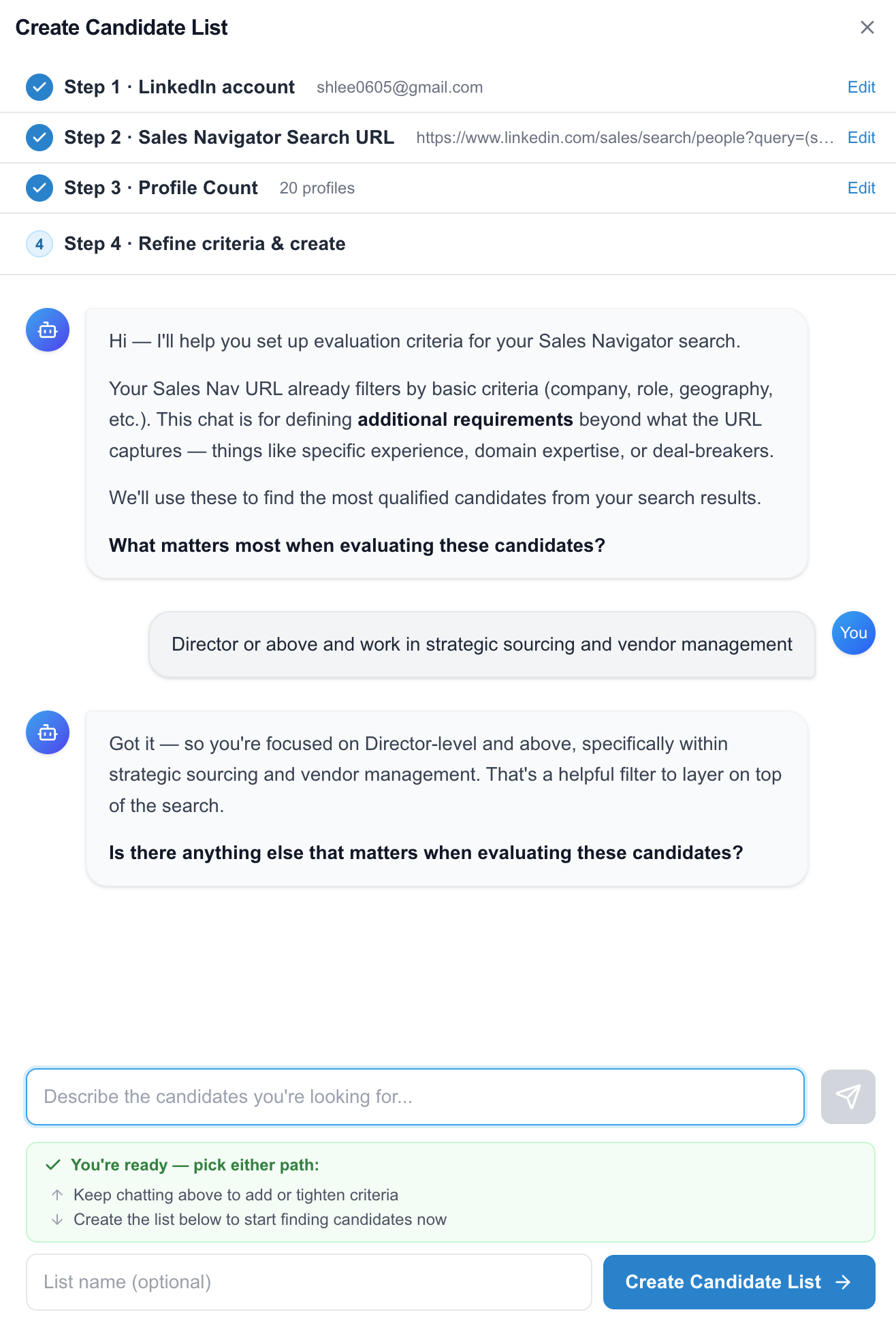 Create Candidate List modal with AI refinement chat