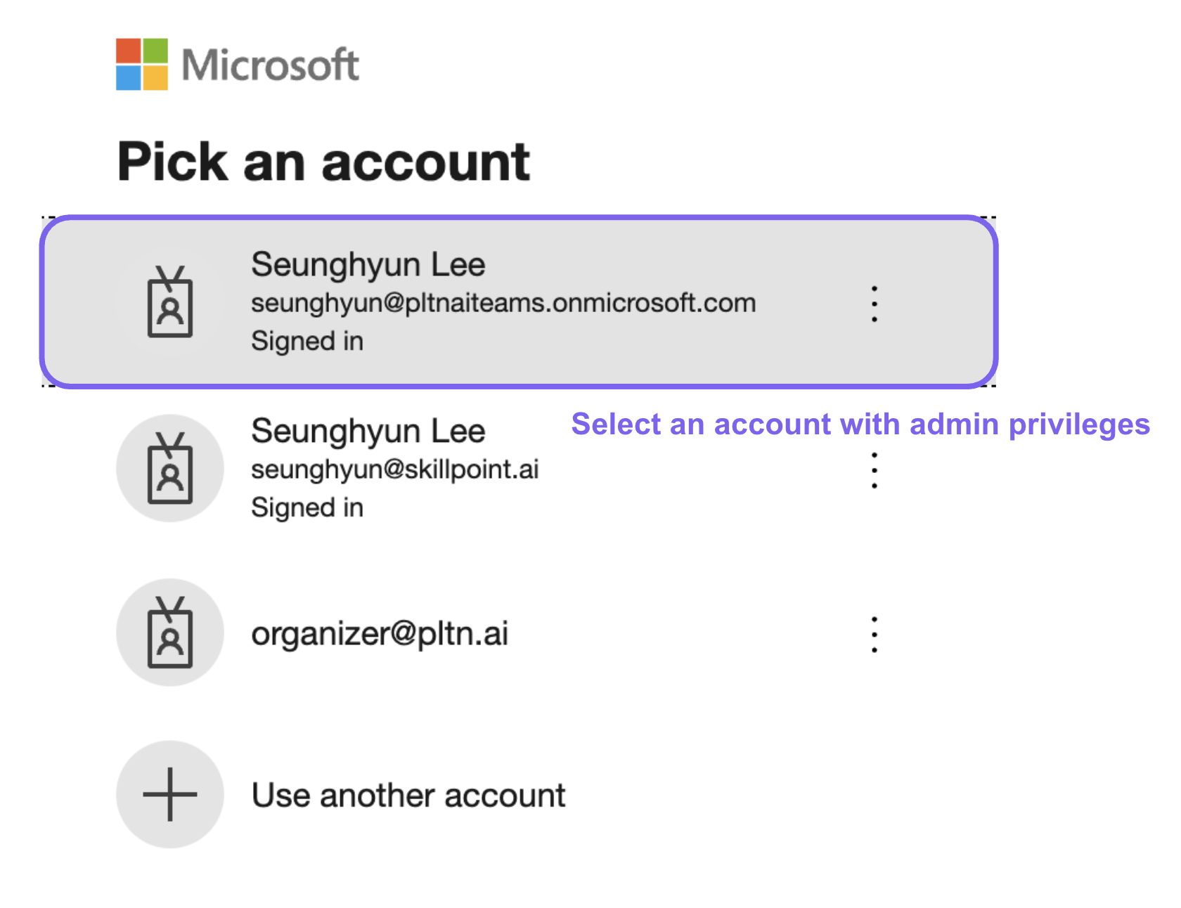 Microsoft "Pick an account" prompt — choose an account with admin privileges
